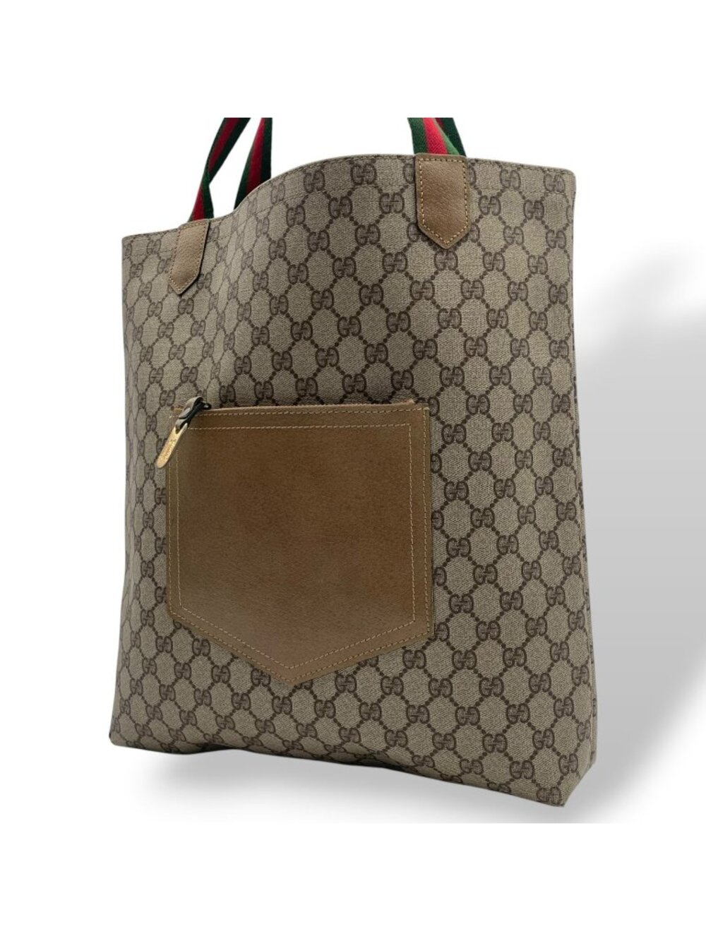 Gucci Vintage GG Supreme Plus Leather Tote Bag Sherry Line Vertical Beige Gray